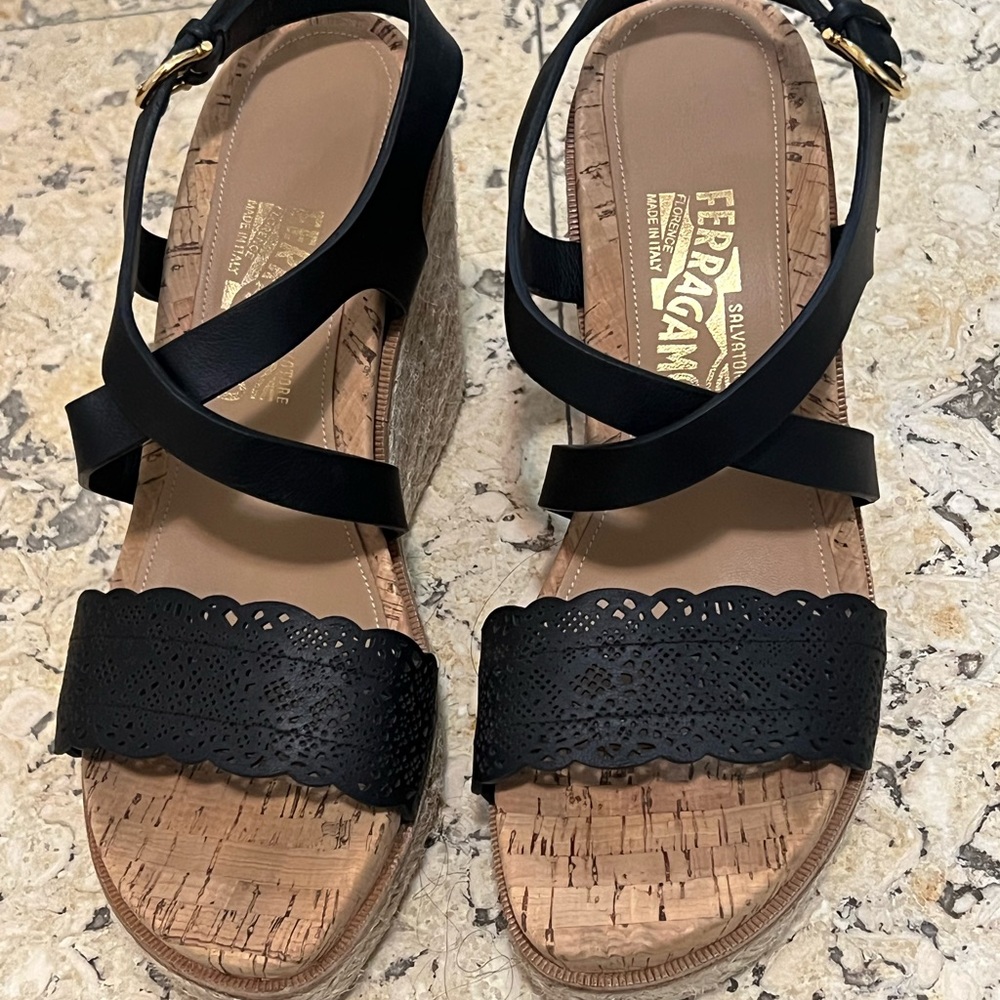 Salvatore Ferragamo Black Wedge Sandals with Textured Straps and Cork Sole